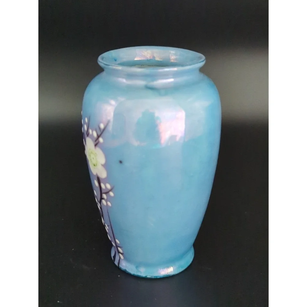 Vintage Blue Luster Dogwood Flower Vase 3.75 Inch Porcelain Ginger Jar Japan